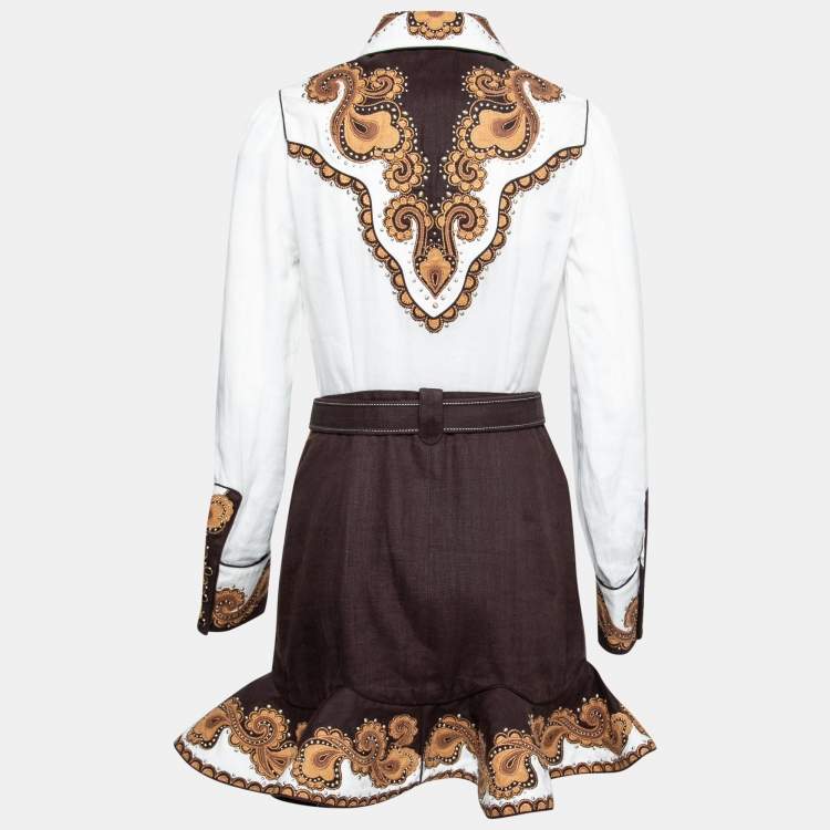 Pre Owned Zimmermann White & Brown Linen Zippy Dandy Studded Belted Dress M