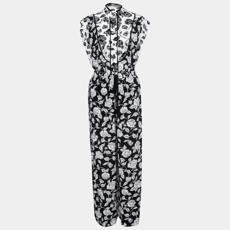 Pre Owned Zimmermann Black and White Rose Print Crepe Shirt and Trouser Suit S