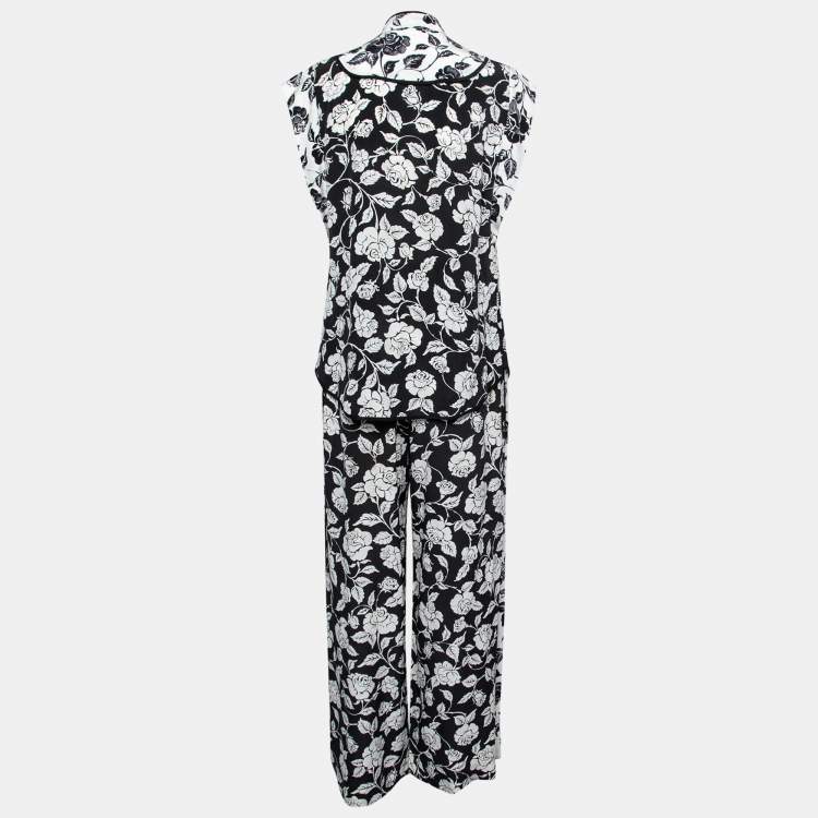 Pre Owned Zimmermann Black and White Rose Print Crepe Shirt and Trouser Suit S