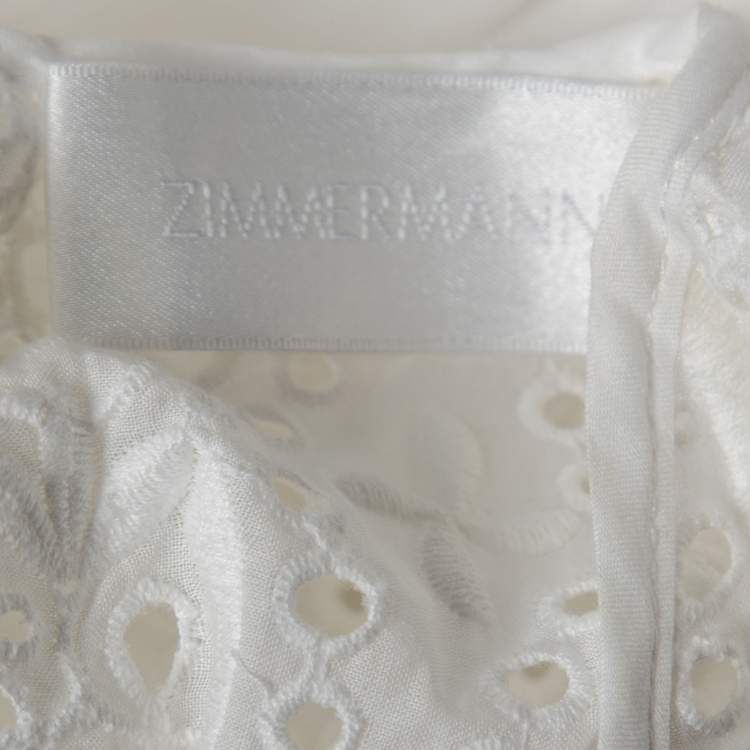 Pre Owned Zimmermann White Eyelet Embroidered Cotton Scalloped Hem Dress L
