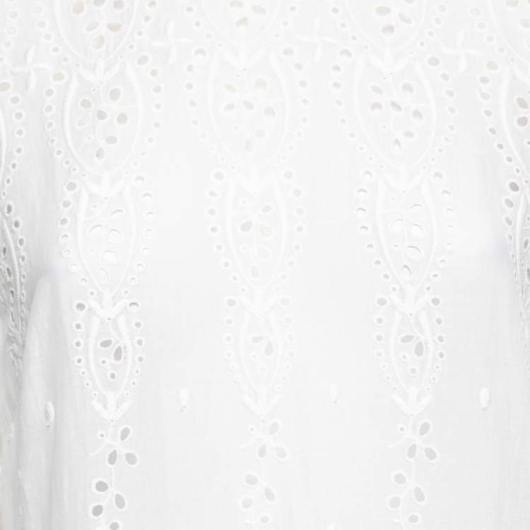 Pre Owned Zimmermann White Eyelet Embroidered Cotton Scalloped Hem Dress L
