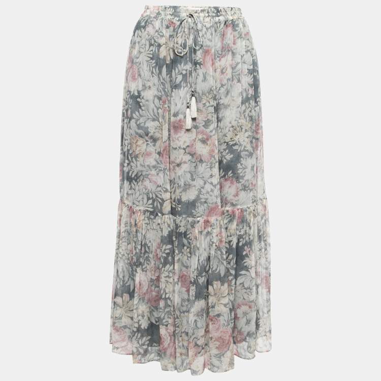 Pre Owned Zimmermann Grey Floral Printed Silk Pleated Hem Maxi Skirt S
