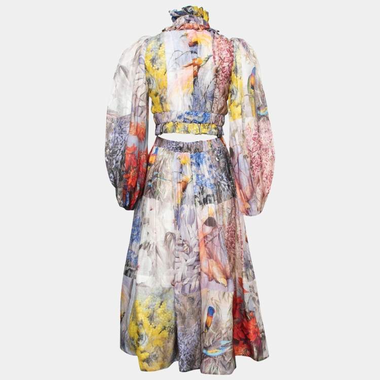 Pre Owned Zimmermann Wild Botanica Multicolor Floral Print Linen & Silk Blouse and Skirt Set S&L