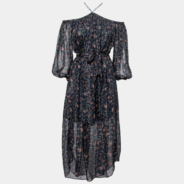 مملوكة مسبقًا Zimmermann Navy Blue Floral Print Silk Diamond Halter Neck Dress S