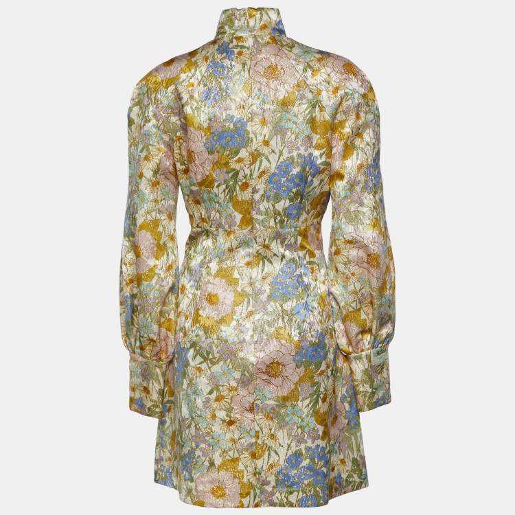 Pre Owned Zimmermann Yellow Floral Brocade Super Eight Balloon Sleeve Mini Dress M