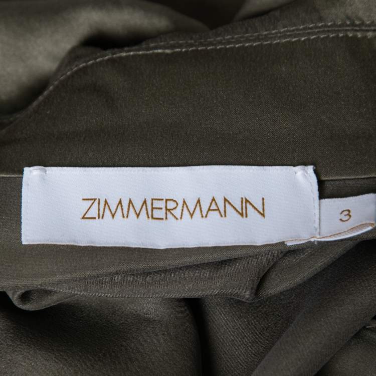 Pre Owned Zimmermann Olive Green Silk Asymmetric Ruffled Wrap Dress L