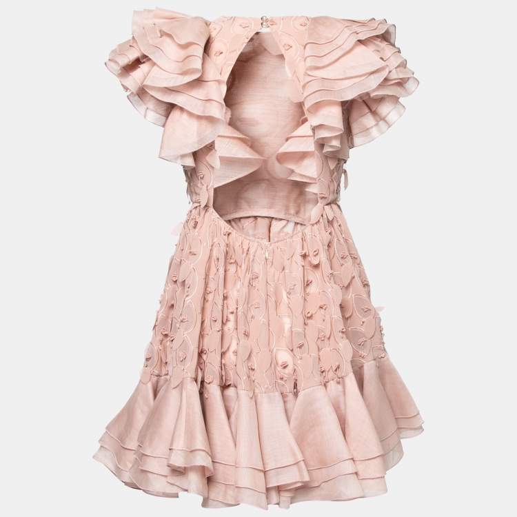 Pre Owned Zimmermann Pink Chiffon & Linen Frill-Trim Dancer Mini Dress S