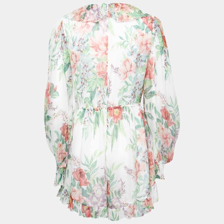 Pre Owned Zimmermann White Floral Printed Silk Chiffon Ruffle Trimmed Jumpsuit L