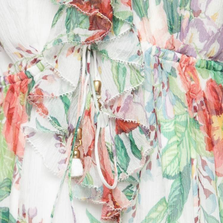 Pre Owned Zimmermann White Floral Printed Silk Chiffon Ruffle Trimmed Jumpsuit L