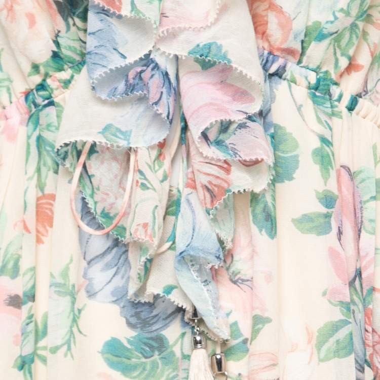 Pre Owned Zimmermann Beige Floral Print Silk Ruffled Jumpsuit L