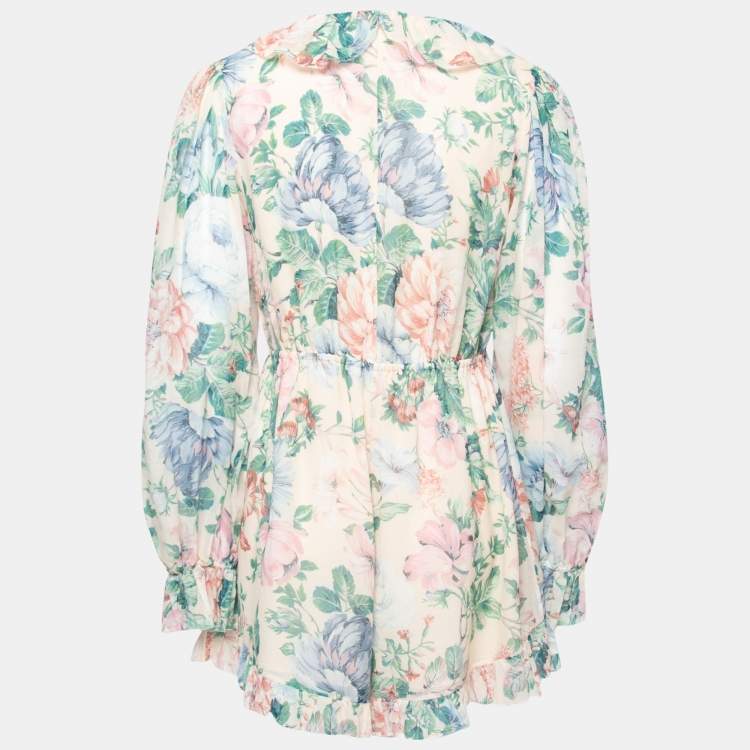Pre Owned Zimmermann Beige Floral Print Silk Ruffled Jumpsuit L