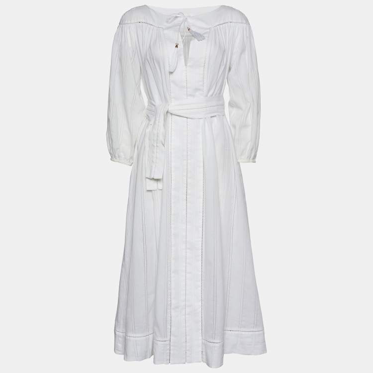 Pre Owned Zimmermann White Cotton Flared Belted Midi Dress XS