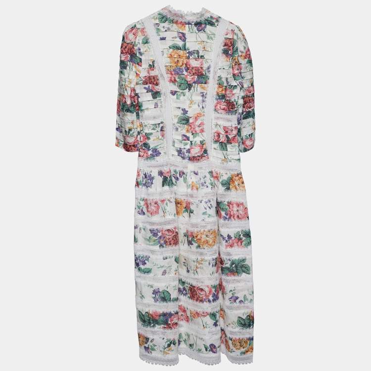 Pre Owned Zimmermann White Floral Print Linen Lace Paneled Allia Midi Dress M