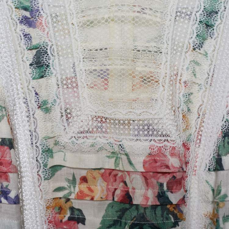 Pre Owned Zimmermann White Floral Print Linen Lace Paneled Allia Midi Dress M