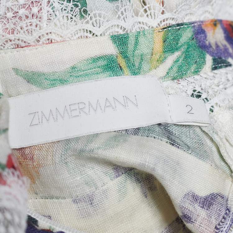 Pre Owned Zimmermann White Floral Print Linen Lace Paneled Allia Midi Dress M