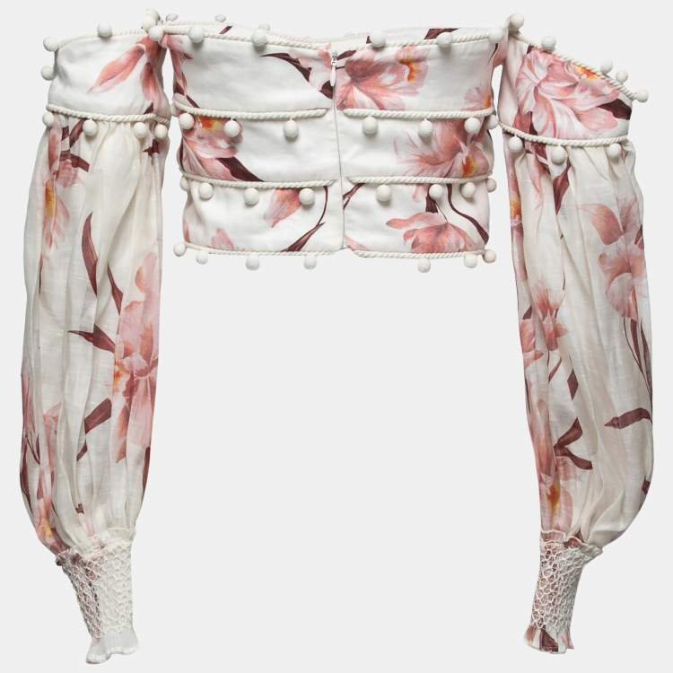 Pre Owned Zimmermann White Floral Print Linen Off-Shoulder Crop Top M