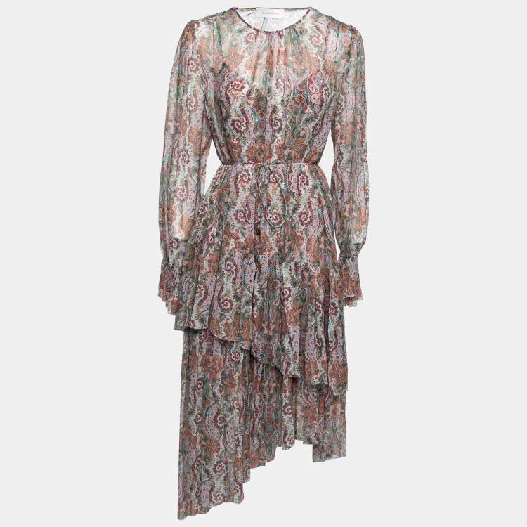 مملوكة مسبقًا Zimmermann Multicolor Printed Silk Chiffon Belted Dress L