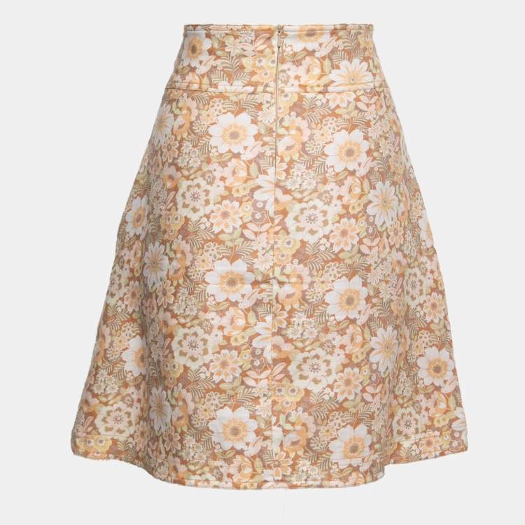 Pre Owned Zimmermann Orange Floral Printed Linen Lace-Up Mini Skirt L