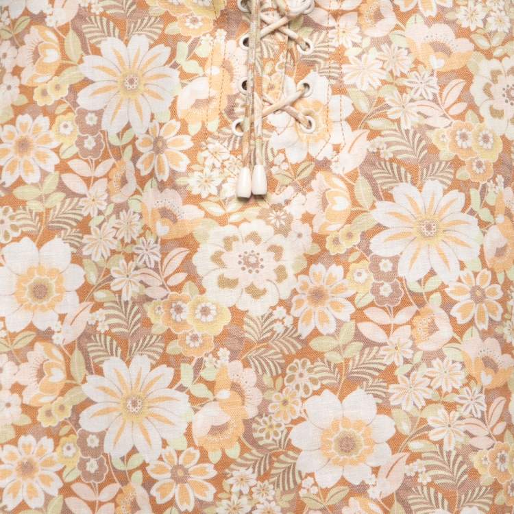 Pre Owned Zimmermann Orange Floral Printed Linen Lace-Up Mini Skirt L