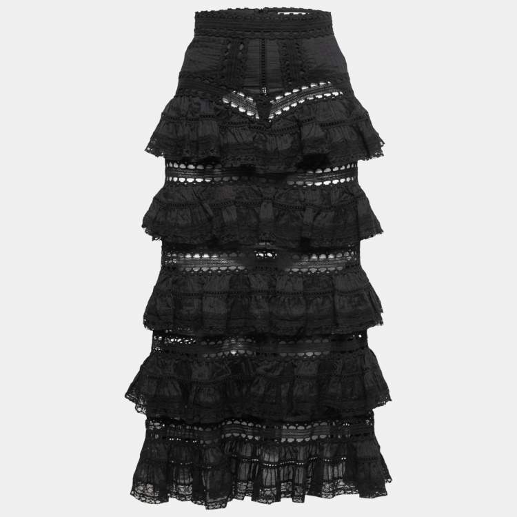 Pre Owned Zimmermann Black Lace Tiered Ruffled Skirt S