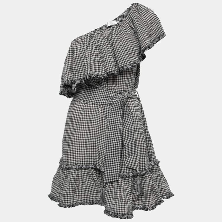 Pre Owned Zimmermann Black Checkered Patterned Linen Belted Mini Dress L