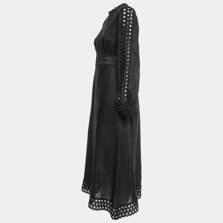 Pre Owned Zimmermann Black Linen Eyelet Lace Trim Midi Dress M