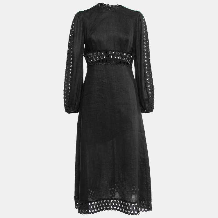 Pre Owned Zimmermann Black Linen Eyelet Lace Trim Midi Dress M