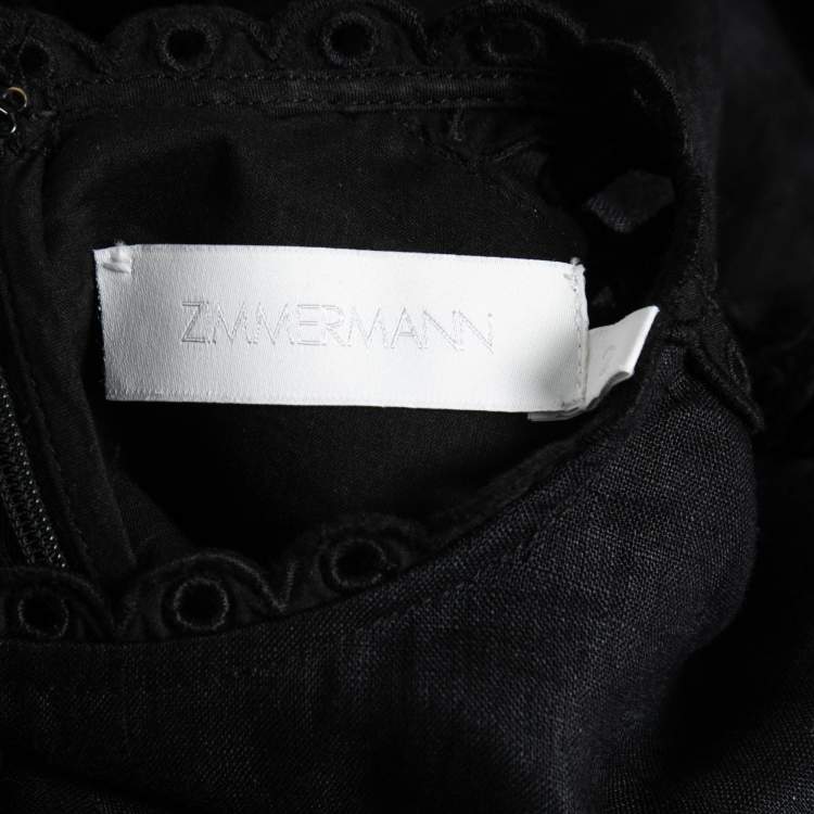 Pre Owned Zimmermann Black Linen Eyelet Lace Trim Midi Dress M