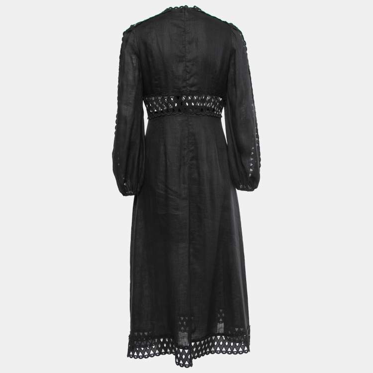 Pre Owned Zimmermann Black Linen Eyelet Lace Trim Midi Dress M