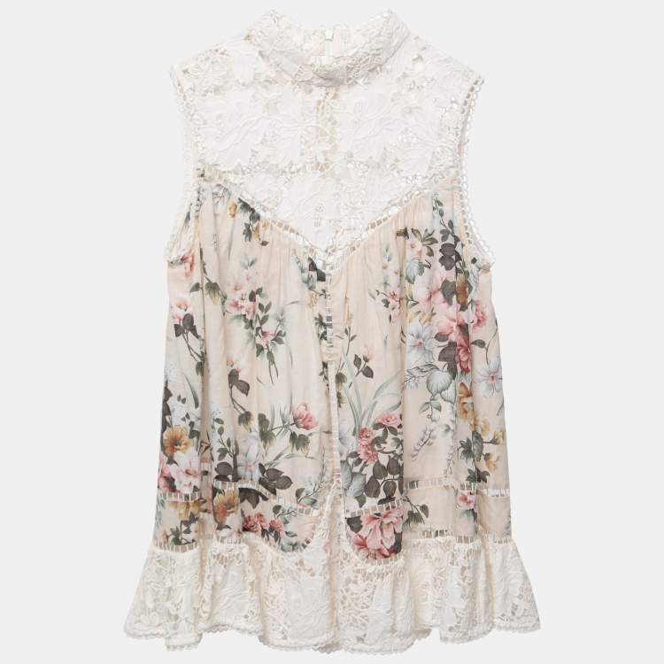 Pre Owned Zimmermann Multicolor Floral Printed Cotton Lace Inset Top S