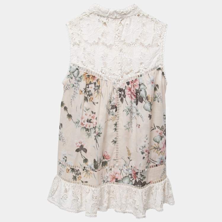 Pre Owned Zimmermann Multicolor Floral Printed Cotton Lace Inset Top S