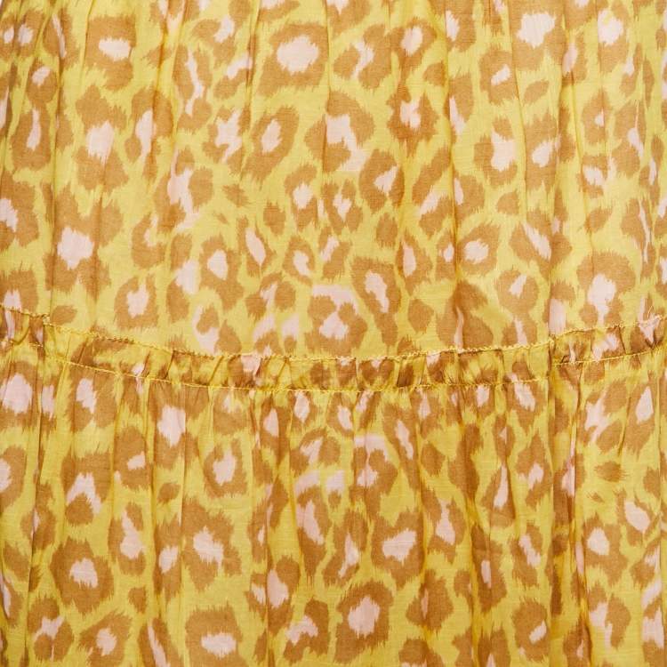 Pre Owned Zimmermann Yellow Animal Printed Cotton Tiered Midi Skirt L