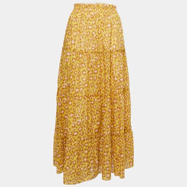 Pre Owned Zimmermann Yellow Animal Printed Cotton Tiered Midi Skirt L