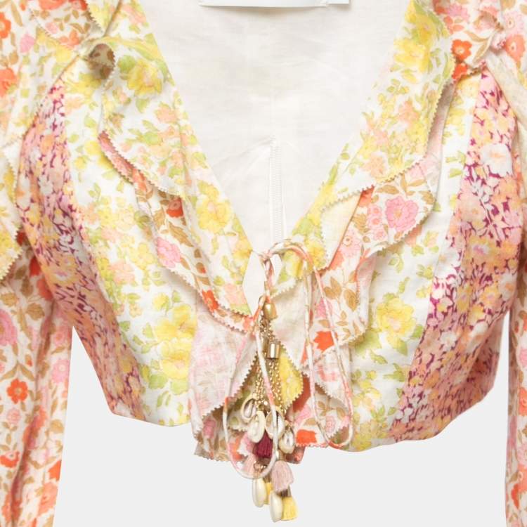 Pre Owned Zimmermann Multicolor Floral Linen Ruffle Trimmed Goldie Cropped Top L