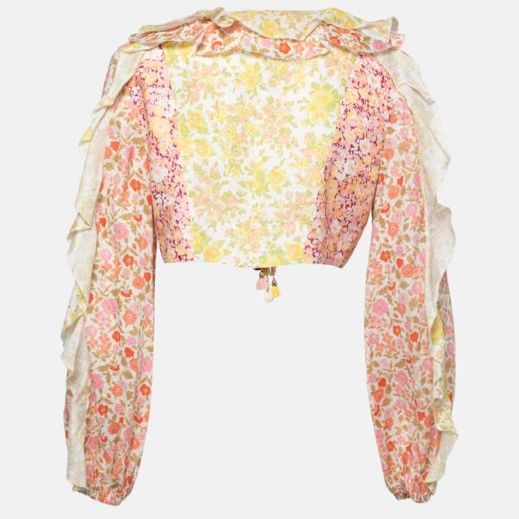 Pre Owned Zimmermann Multicolor Floral Linen Ruffle Trimmed Goldie Cropped Top L