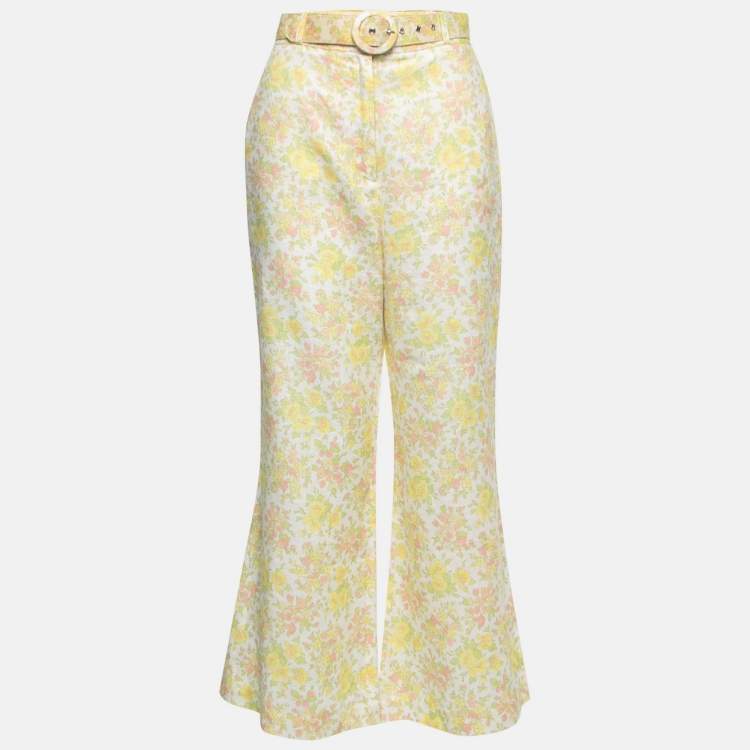 مملوكة مسبقًا Zimmermann Yellow Floral Printed Linen Belted Wide Leg Trousers M