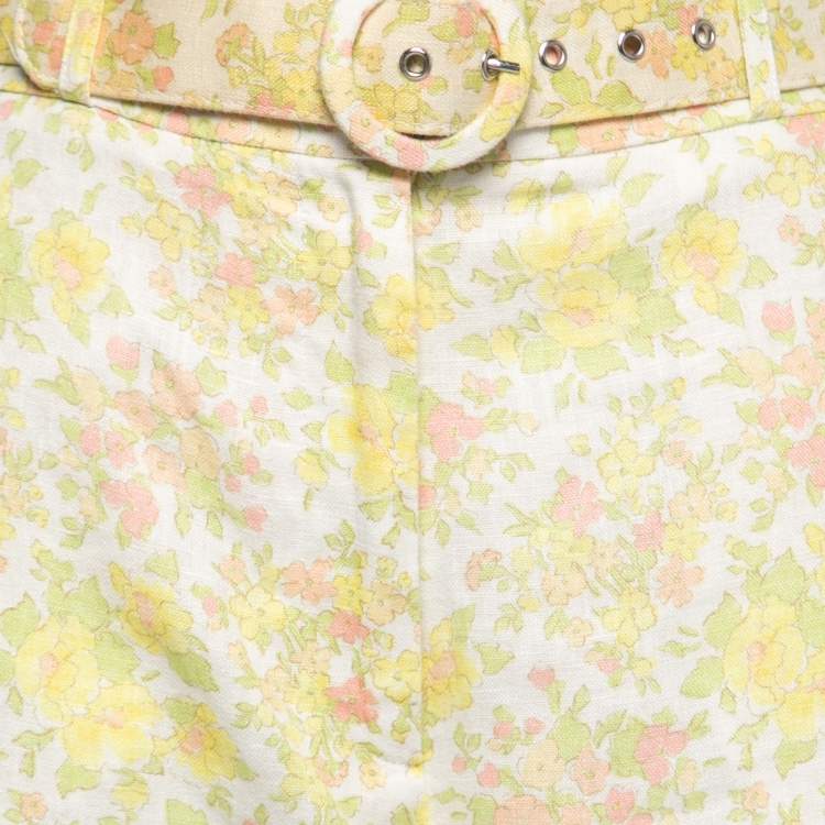 مملوكة مسبقًا Zimmermann Yellow Floral Printed Linen Belted Wide Leg Trousers M