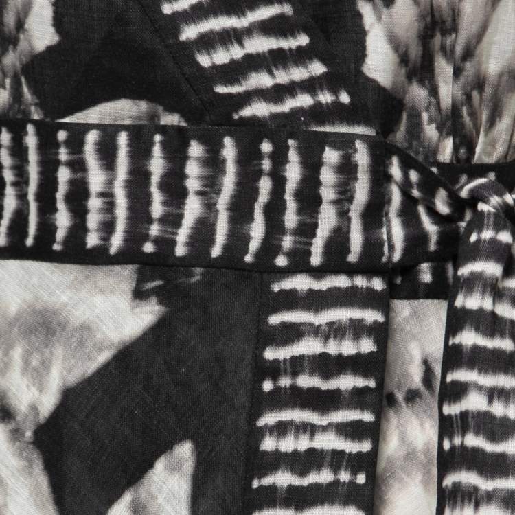 Pre Owned Zimmermann Black/White Linen Tie Dyed Wrap Midi Dress S