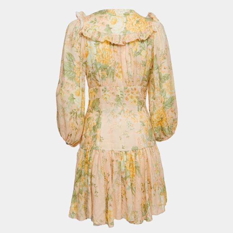 Pre Owned Zimmermann Light Pink Floral Printed Linen Ruffled Mini Dress M