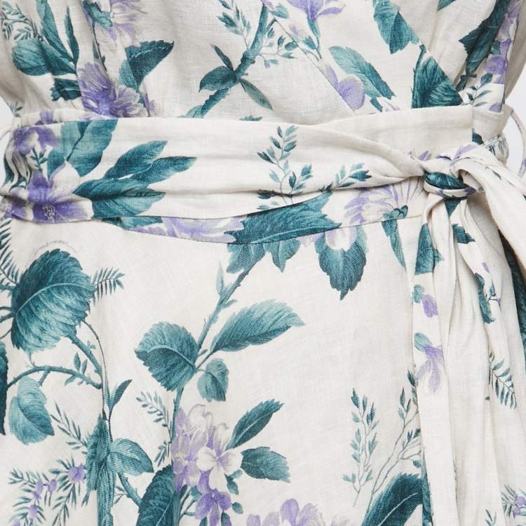 Pre Owned Zimmermann Off White Floral Printed Linen Wrap Mini Dress L