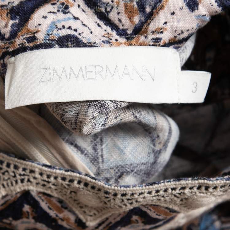 Pre Owned Zimmermann Blue Printed Linen High Neck Belted Mini Dress L