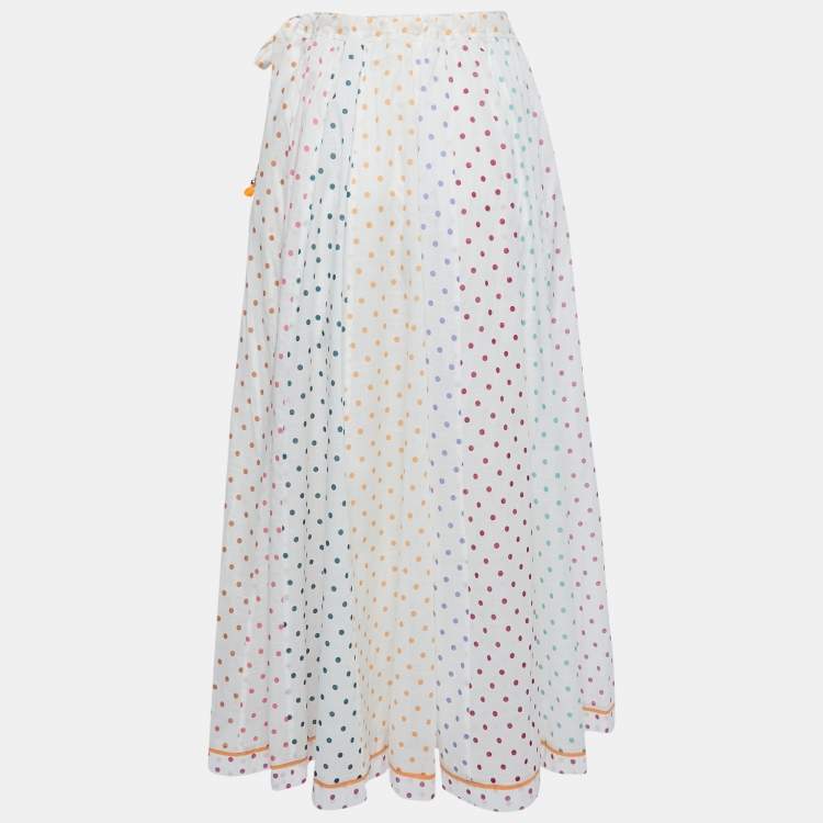 Pre Owned Zimmermann White Multicolor Dot Printed Cotton Midi Skirt M