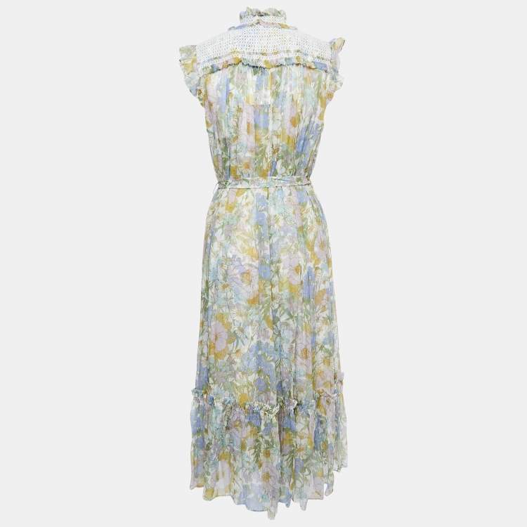 Pre Owned Zimmermann Multicolor Floral Printed Silk Tie Detail Midi Dress L