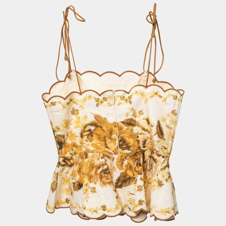 Pre Owned Zimmerman Cream/Yellow Floral Print Linen Scalloped Peplum Top S