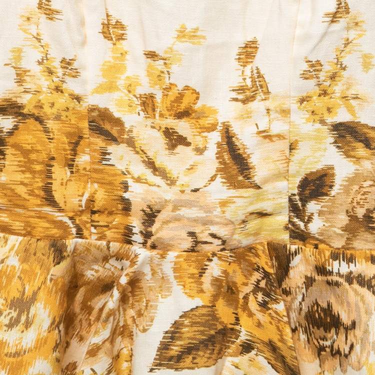Pre Owned Zimmerman Cream/Yellow Floral Print Linen Scalloped Peplum Top S