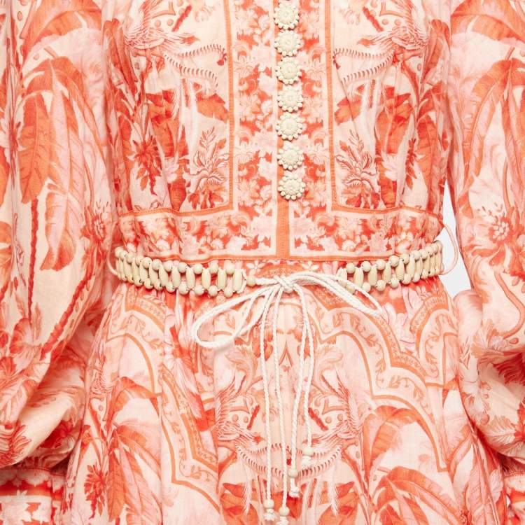 مملوكة مسبقًا Zimmermann Orange Floral Printed Linen Wooden Beads Belted Mini Dress M