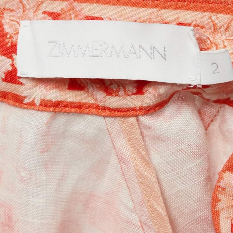 مملوكة مسبقًا Zimmermann Orange Floral Printed Linen Wooden Beads Belted Mini Dress M
