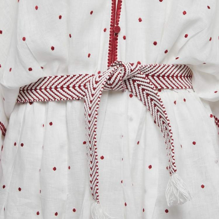 Pre Owned Zimmermann White/Brown Embroidered Linen Belted Waist V-Neck Mini Dress L