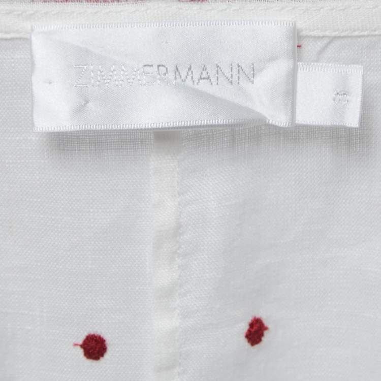 Pre Owned Zimmermann White/Brown Embroidered Linen Belted Waist V-Neck Mini Dress L