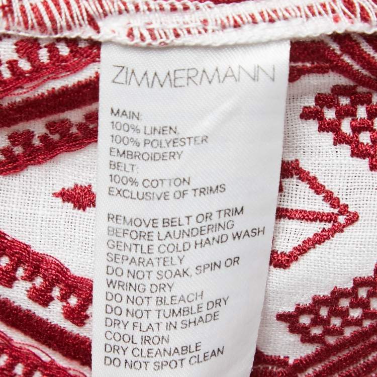 Pre Owned Zimmermann White/Brown Embroidered Linen Belted Waist V-Neck Mini Dress L